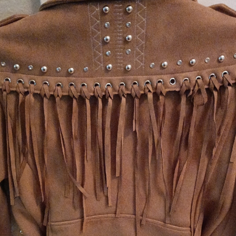 Zara Tan Suede Fringe & Stud Moto Jacket - Picture 4 of 4